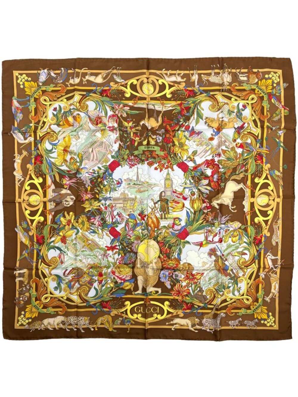 Gucci Scarf Flower Animal Print Silk Brown Multicolor